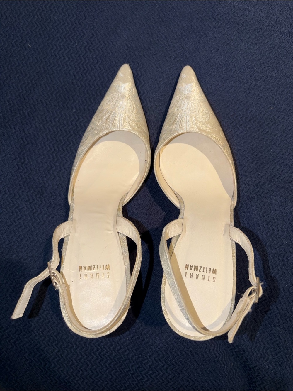 Stuart Weitzman Cream Embroidered Pointed Slingback Heels
